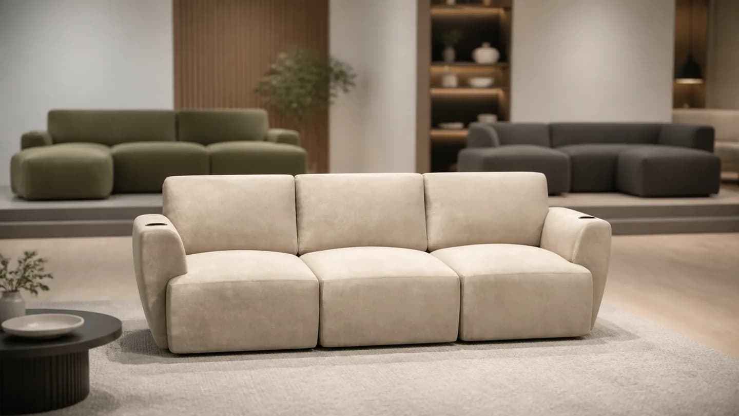 Sofá Modular Damie em primeiro plano e duas alternativas genéricas desfocadas em um showroom