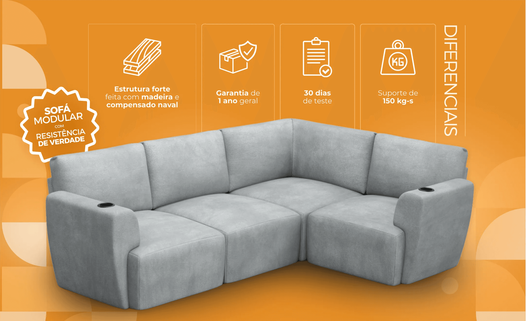 Sofá Modular Damie de 4 lugares em L, configuração modular entregue em caixas