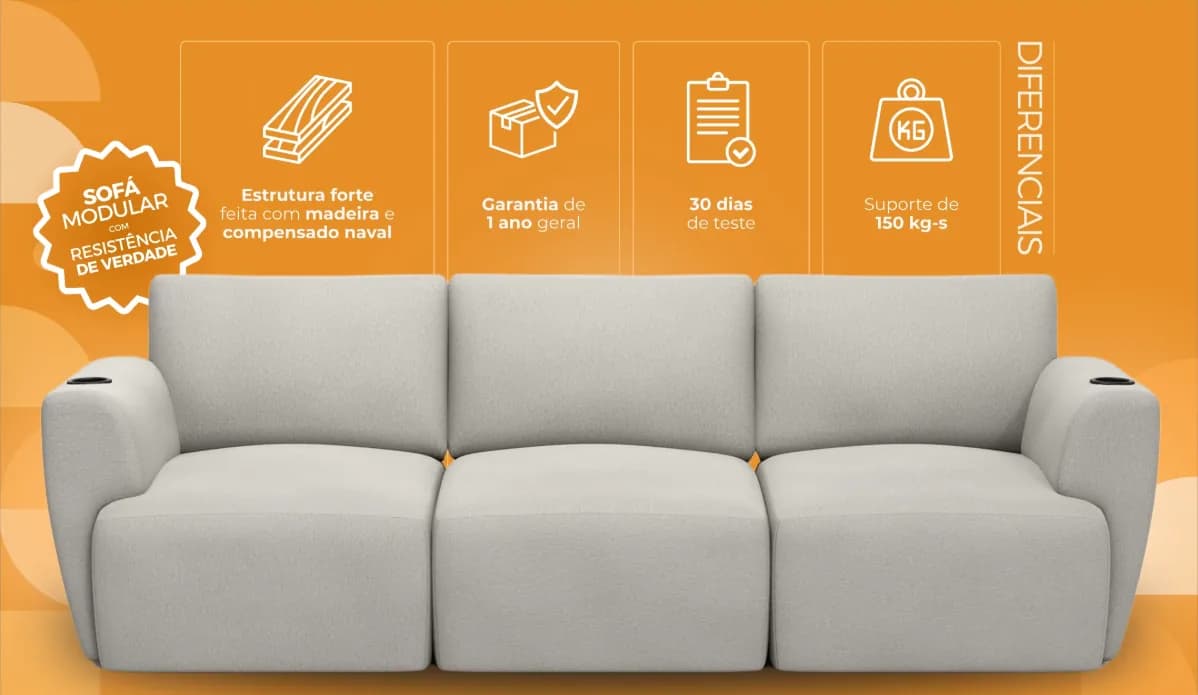 Sofá Modular Damie de três lugares e seus diferenciais de estrutura, garantia, teste e capacidade